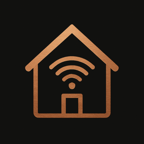 Icône maison intelligente cuivre – SL Électricité Icône de maison connectée cuivrée avec symbole Wi-Fi, représentant la domotique proposée par SL Électricité à Metz et Thionville.